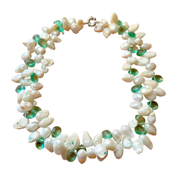 Vintage Mother Of Pearl Shell & Sea Glass Stone Two Strand Statement Necklace - Picture 1 of 4